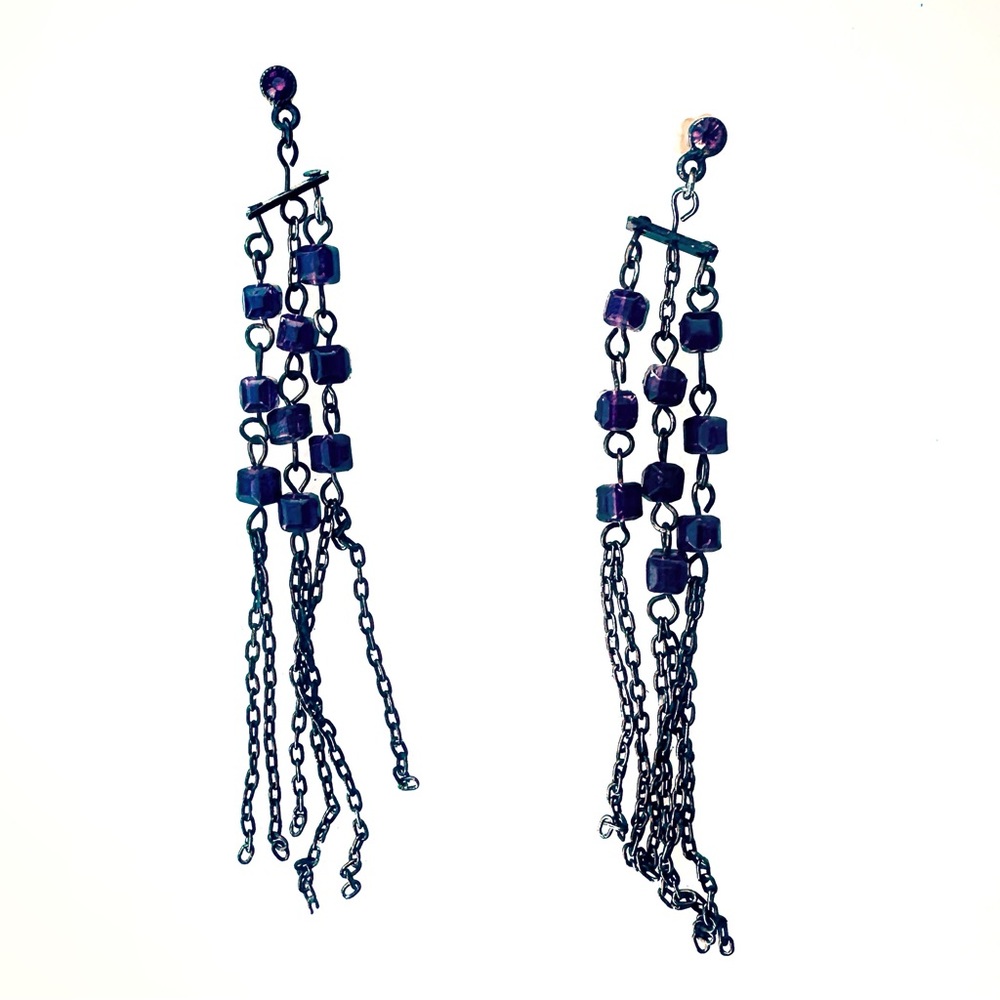 Chain Bead Chandelier Dangling Earrings Waterfall Purple Stone Amethyst Black